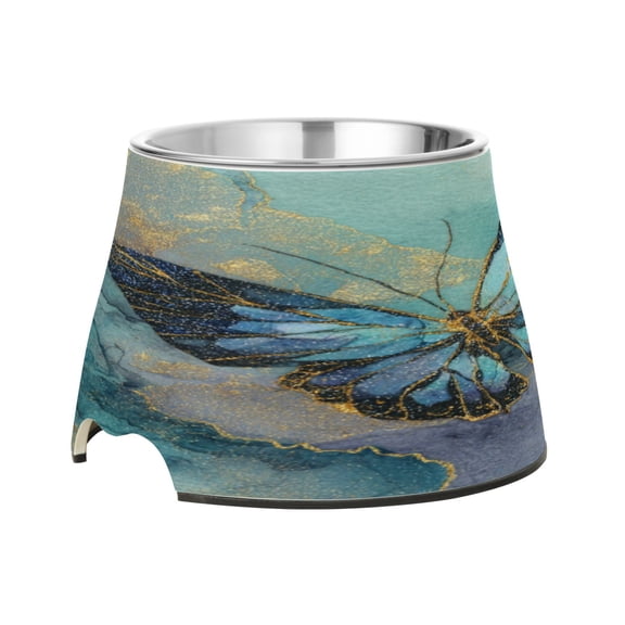 Raised Pet Bowl with Removable Stainless Steel Insert Anti-Slip No-Tip Dog Bowl for Small to Medium Pets Marble Butterfly