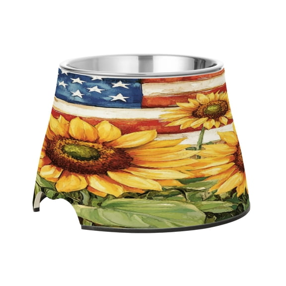 Raised Pet Bowl with Removable Stainless Steel Insert Anti-Slip No-Tip Dog Bowl for Small to Medium Pets Sunflower American Flag