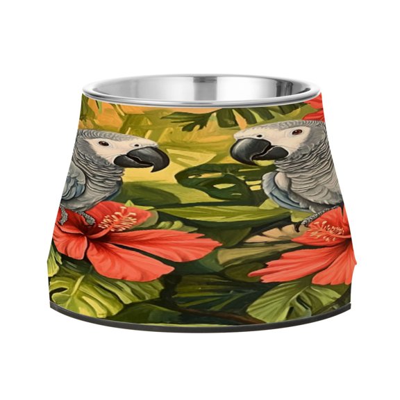 Raised Pet Bowl with Removable Stainless Steel Insert Anti-Slip No-Tip Dog Bowl for Small to Medium Pets Two Playful Gray Parrots