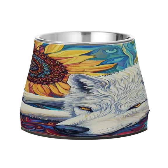 Raised Pet Bowl with Removable Stainless Steel Insert Anti-Slip No-Tip Dog Bowl for Small to Medium Pets White Wolf with Sunflower