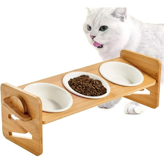 Raised Pet Bowls for Cats and Dogs, Adjustable Bamboo Elevated Feeder Stand,Dog Cat Food and Water Bowls with 2 Ceramic Bowls, Wooden Pet Dining Table for Cats and Puppy