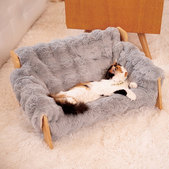 Raised Pet Couch Bed, Elevated Solid Wooden Pet Sofa Recliner Fluffy Pet Lounge Chair Suitable for Dog Cat Pet, Off-White(27.2"X18.6"X11.8), Dog Sofa Bed, Cat Couch Sofa, Pet Furniture