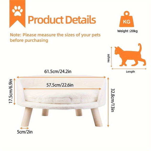 Raised Pet Sofa Bed | Dog Cat Couch Lounge 3-Legged Stool with Removeable Padded Cushion, Detachable, Assembled, for Small Dogs by Wisfor