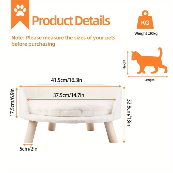 Raised Pet Sofa Bed | Dog Cat Couch Lounge 3-Legged Stool with Removeable Padded Cushion, Detachable, Assembled, for Small Dogs by Wisfor
