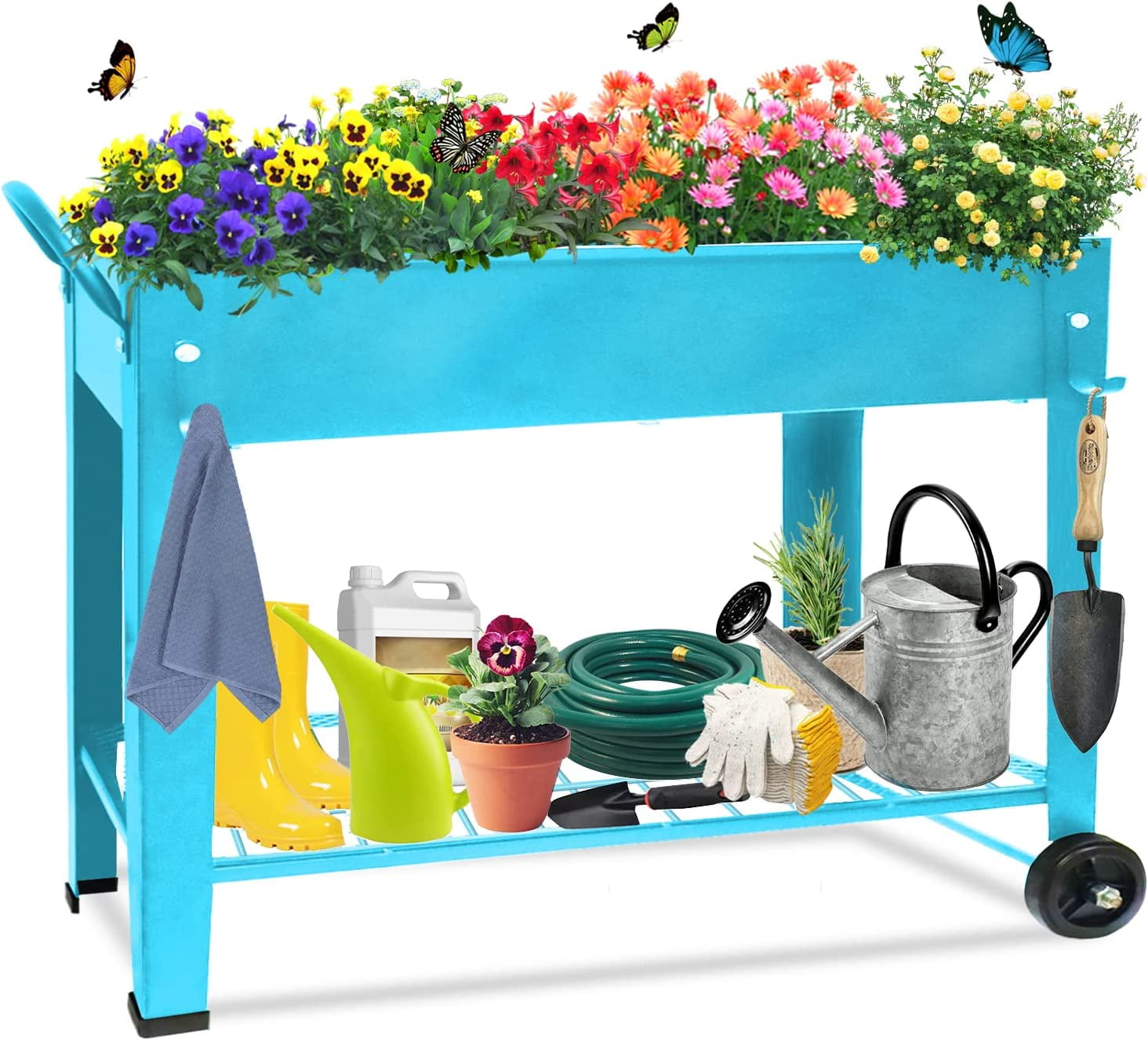 Aboxoo 40" x 11" x 31.5" Blue Steel Planter Box with Wheels