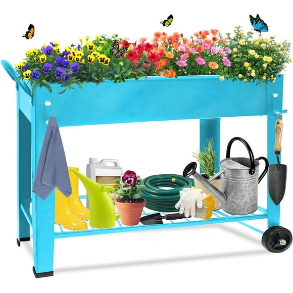 Raised Planter Box Beds with Wheels Legs, Elevated Garden Bed for Indoor Outdoor, Large Metal Mobile Planter Box with Bottom Shelf for Storing Tools for Vegetables Flower Herb Patio(Blue)