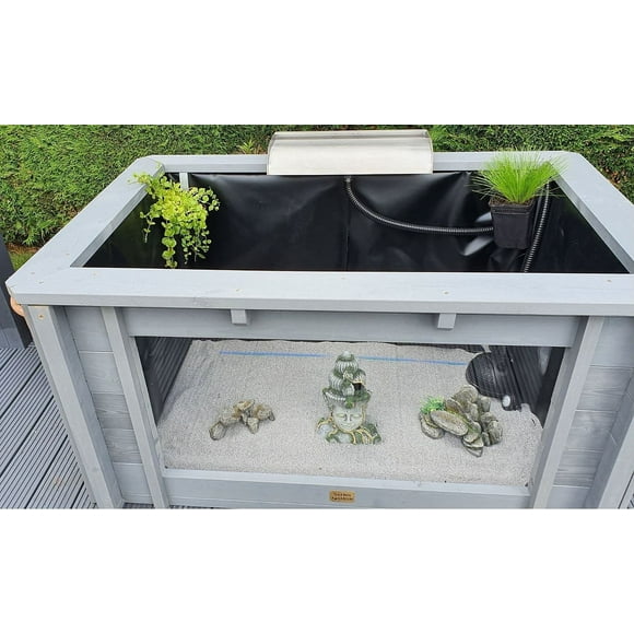 Raised Rectangle Wood Pond with Large Window Iris Clear View Garden Aquarium in Gray - 138 Gallon.