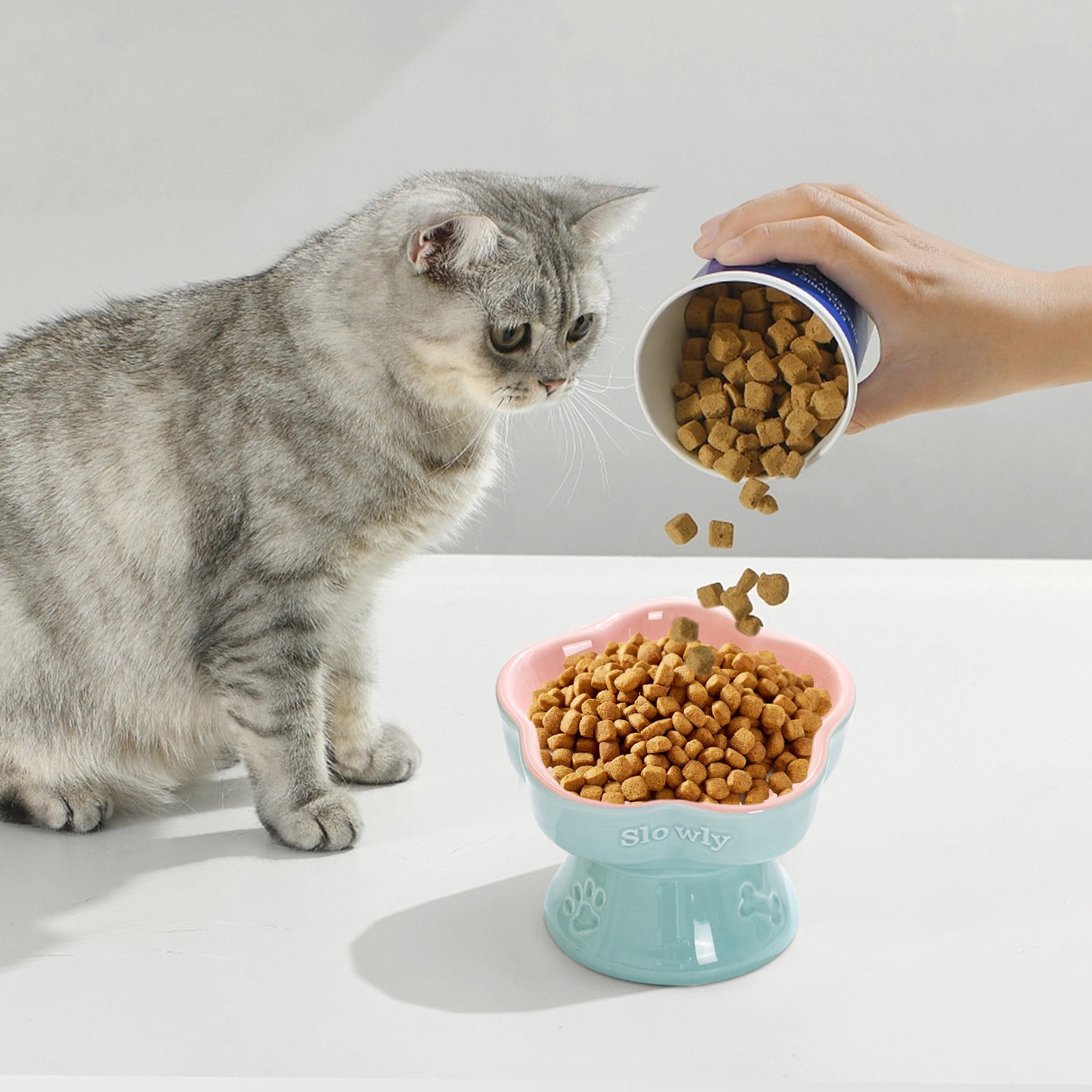 Raised Slow Feeder Cat Bowl,Ceramic Elevated Food Bowl Small Dogs Slow Feeder, Flower Shaped Cute Cat Dish for Dry and Wet Food (B,5.9")