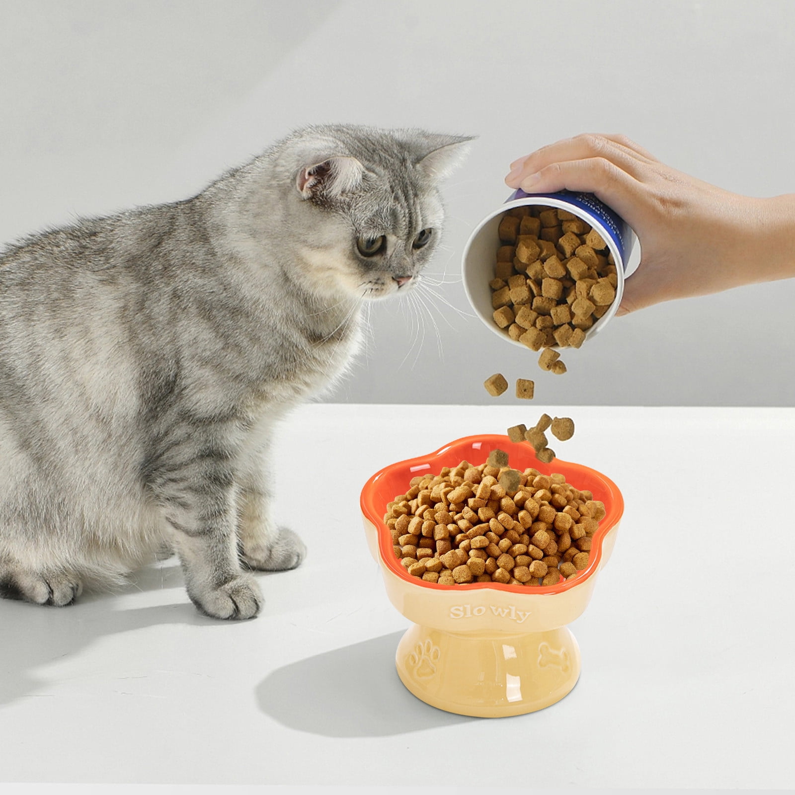 Raised Slow Feeder Cat Bowl,Ceramic Elevated Food Bowl Small Dogs Slow Feeder, Flower Shaped Cute Cat Dish for Dry and Wet Food (D,5.9")