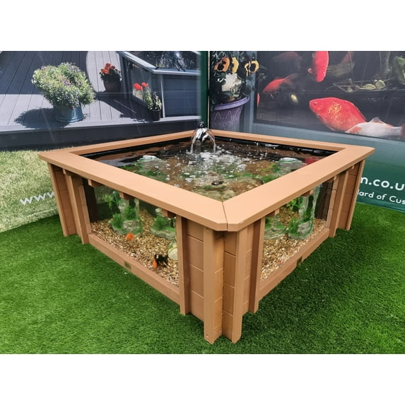 Raised Square Wood Pond with Large Windows - Lotus Clear View Garden Aquarium in Brown 172 Gallon
