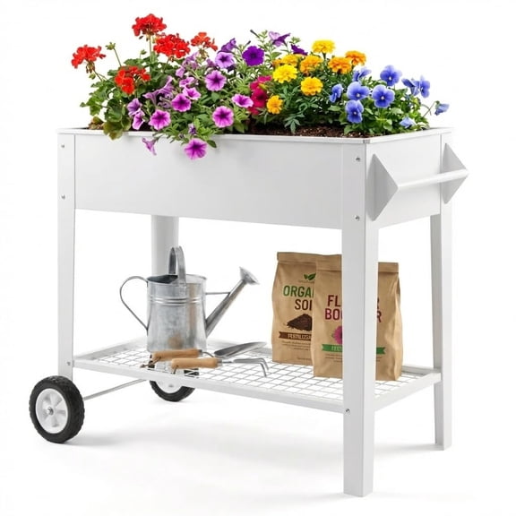 Raised Steel Planter Box with Lockable Wheels & Storage Shelf - Heavy-Duty 400 lbs Capacity, Rust-Resistant Garden Bed for Herbs & Vegetables - Patio, Deck, Balcony, Backyard - White