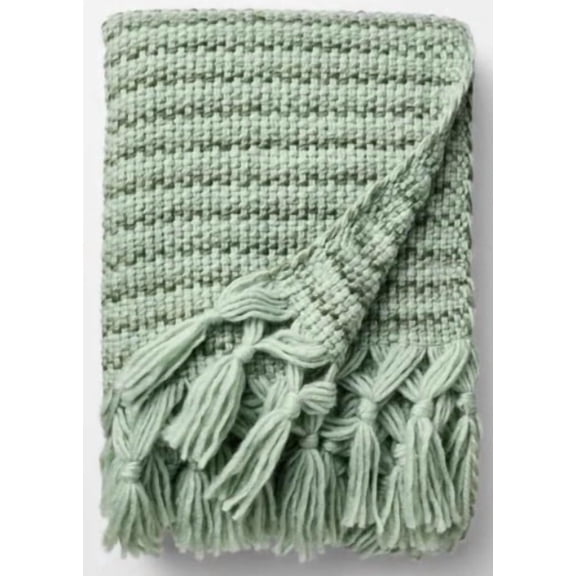 Raised Striped Chunky Knit Throw Blanket Green - designed with Studio McGee: Midweight, Tasseled, Machine Washable