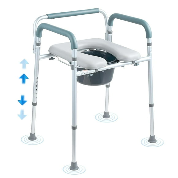 Raised Toilet Seat, Adjustable Height with 5 Levels, Drop-Arm Design, Detachable Backrest, 7L Easy-Clean Bucket, Quick Assembly, Support up to 1000lbs, Ideal Bedside Commode for Elderly & Adults