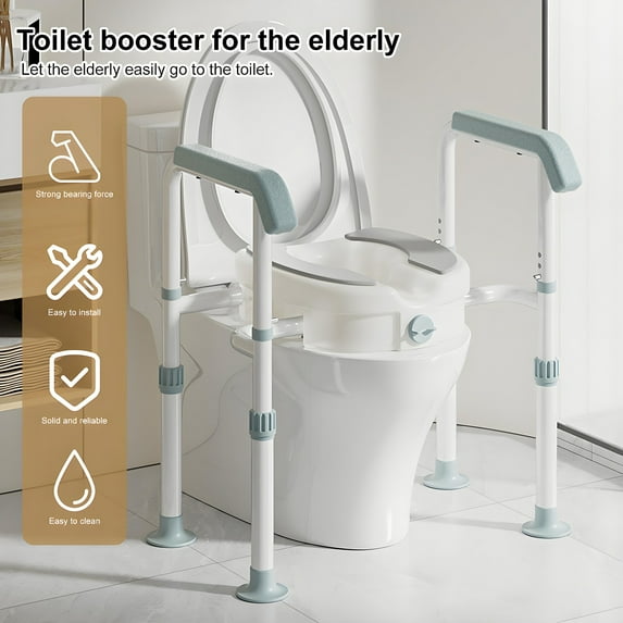 Raised Toilet Seat for Elderly, Toilet Seat Risers for Seniors with Adjustable Padded Armrest, Elevated Toilet Safety Seat for Standard or Elongated Commode, 220lbs Load-1 Set