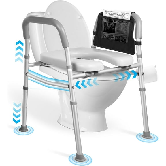 Raised Toilet Seat with Handles, Height and Width Adjustable FSA/HSA Eligible Toilet Seat Risers for Seniors 400lb Cozy Padded Raised Toilet Seat for Elderly, Handicap and Disabled Grey