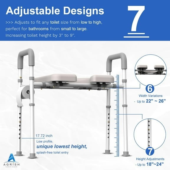 Raised Toilet Seat with Handles - Width & Height Adjustable Toilet Seat Risers for Seniors, Heavy Duty Handicap Toilet Riser, Fit Any Toilet, Up to 400lbs