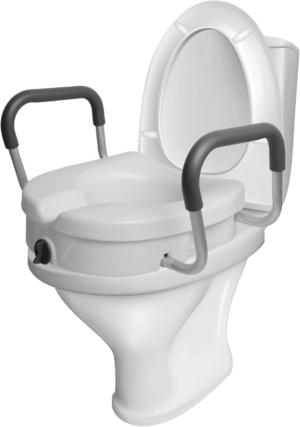 Raised Toilet Seat with Removable or Adjustable Handles, Plastic Raised Toilet Seat with Lock and Padded Armrests, Support 348lbs, White