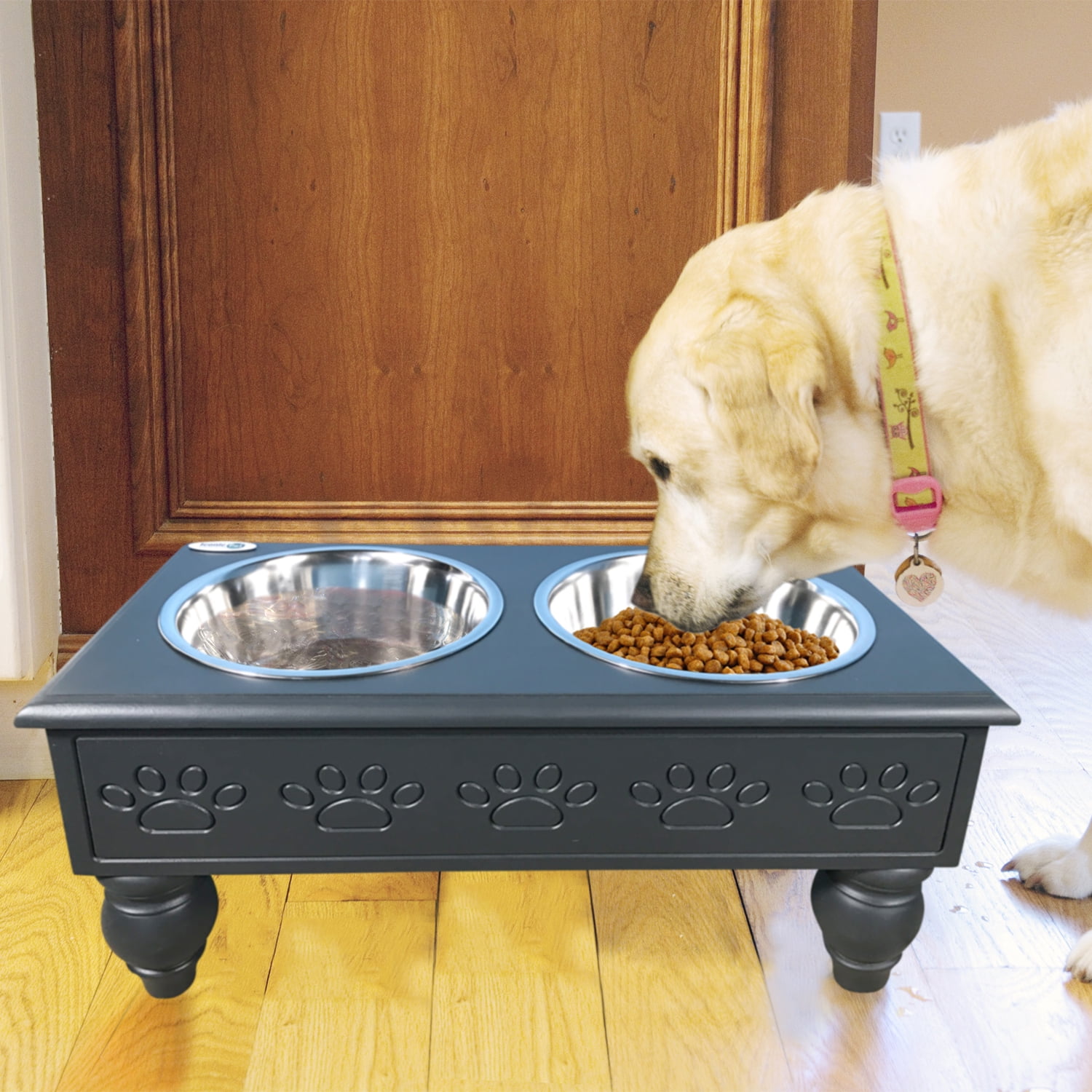 Charcoal Gray Elevated Wooden Pet Double Diner with Stainless Steel Bowls