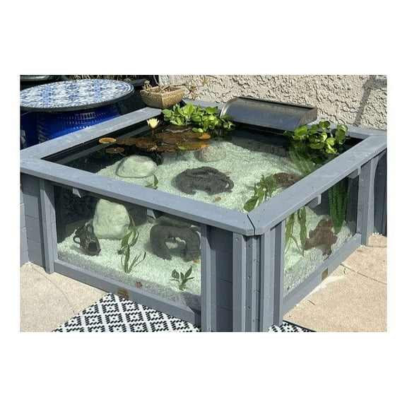 Raised Wooden Square Pond with Large Windows - Lotus Clear View Garden Aquarium in Gray 172 Gallon