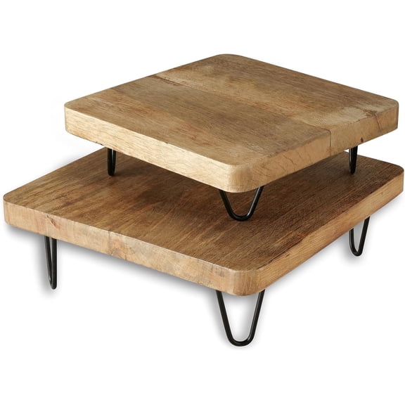 Raised Wooden Trays, Set of 2, Thick Square Planks, Ash Color, Mango, Metal Legs, Rustic, 11.75 and 9.75 Inches, Kitchen Accessory