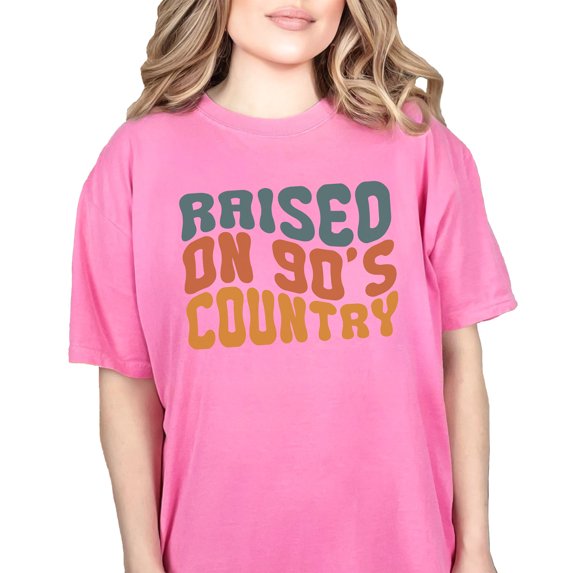 Raised on 90's Country, Music Lover, Groovy Retro Wavy Text , Crunchberry Comfort Colors T-Shirt, XL