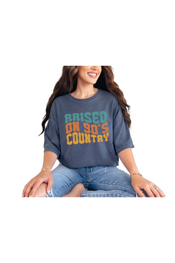 Raised on 90s Country, Retro Music Lover Themed Quote, Groovy Retro Wavy Text, Denim Comfort Colors T-Shirt, Small