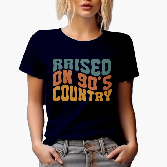 Raised on 90s Country, Retro Music Lover Themed Quote, Groovy Retro Wavy Text Merch Gift, Navy Blue T-Shirt, Small