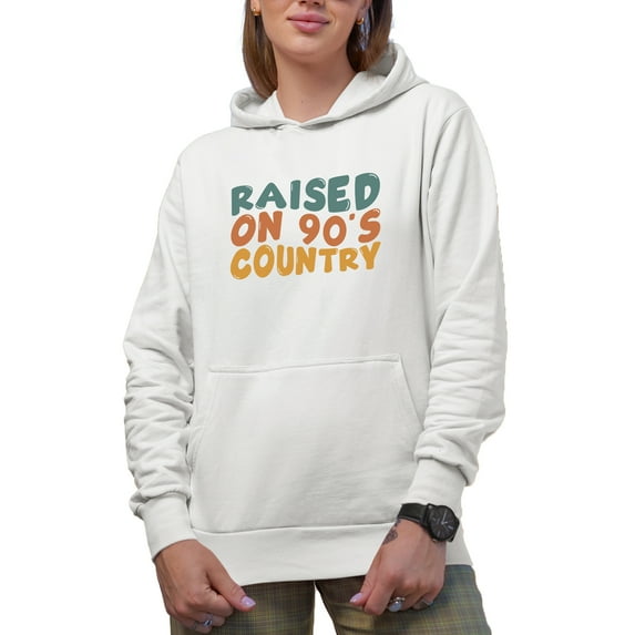 Raised on 90s Country Songs or Music Lover, Groovy Retro Wavy Text Merch Gift, White Hooded Sweatshirt or Hoodie, Small