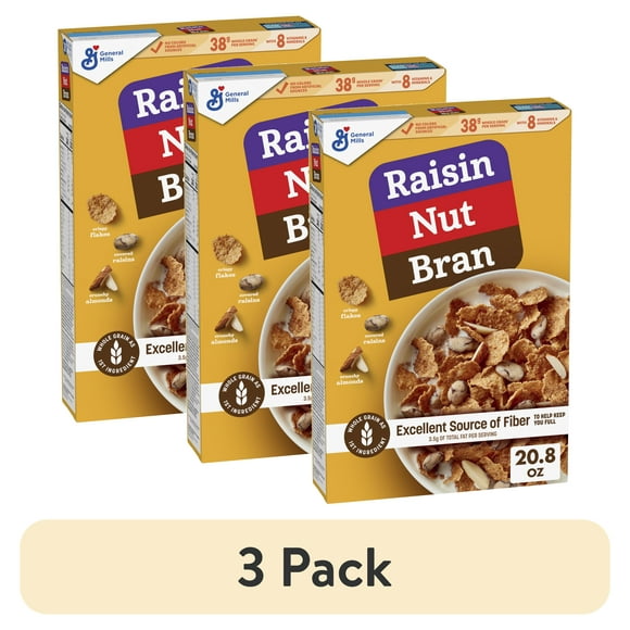 (3 pack) Raisin Nut Bran Cereal, High Fiber Cereal, Made with Whole Grain, 20.8 oz