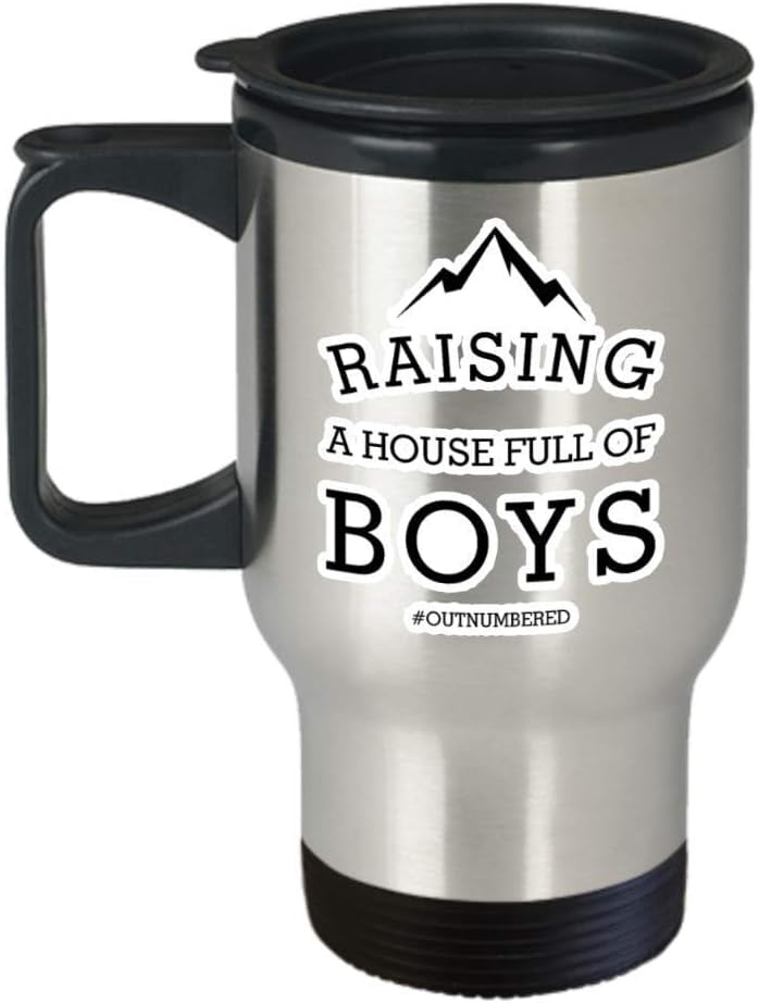 Raising A House Full of Boys Travel Cup -for New Mom Grandma Mama Cup-Mother Son Accessories Merchandise MERC Funny Mom Coffee Mug Gift 14 oz