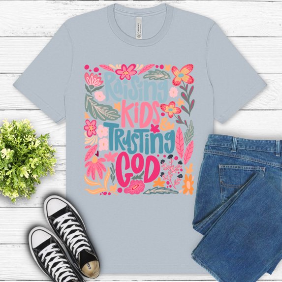 Raising Kids and Trusting God T-Shirt for Women | Christian Mom Floral Tee, LightBlue, L