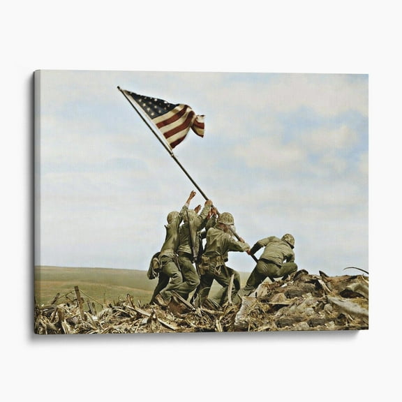 Raising The Flag On Iwo Jima In Color World War Two Canvas Wall Art Print