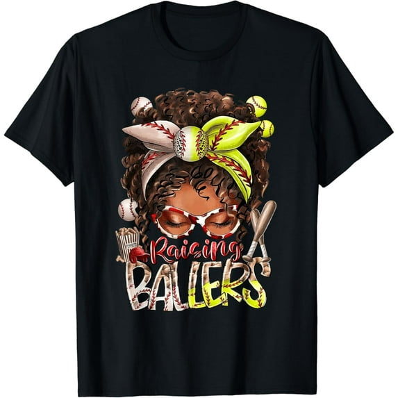 Raising ballers Afro Mom of both Softball Baseball Messy Bun T-Shirt