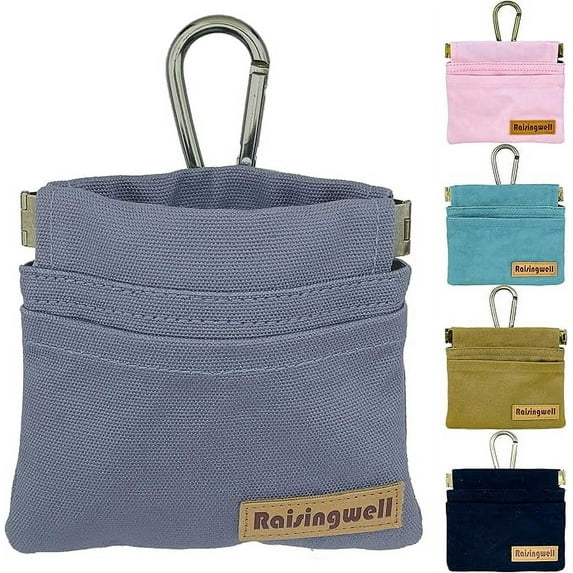 Raisingwell Dog Treat Pouch, Grey Pocket Sized Pet Training Pouch, Cotton Fabric, Hand Free Dog Walking Bag with Carabiner, Self-Closing Pet Feed Snack Reward, for Pet Puppy Travel or Outdoor Use
