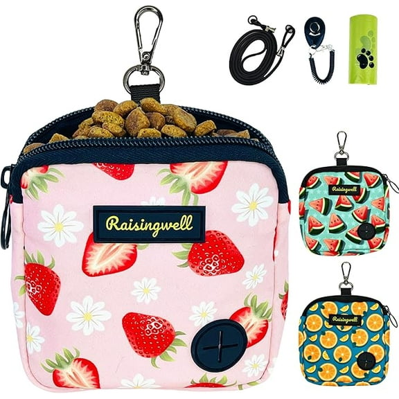 Raisingwell Dog Treat Pouch for Pet Walking and Training with Clicker Poop Bags Small Fanny Zipper Pack Holder for Puppy Snack Dispenser Kit for Leash and Outdoor Use (Strawberry)