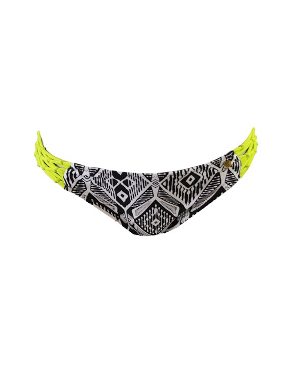 Black Lime Tribal Print Macrame Side Bikini Bottom S