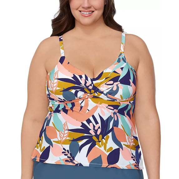 Raisins Curve BLUE Trendy Plus Size Aries Underwire Tankini Swim Top, US 22W