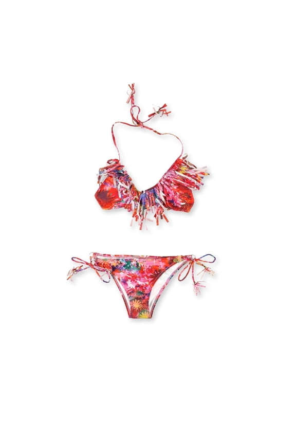 Womens Fringed Beaded Side Tie 2 Piece Bikini, Pink, Medium