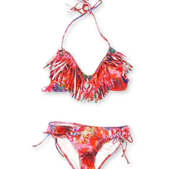 Raisins Womens Fringed Beaded Side Tie 2 Piece Bikini, Pink, Medium