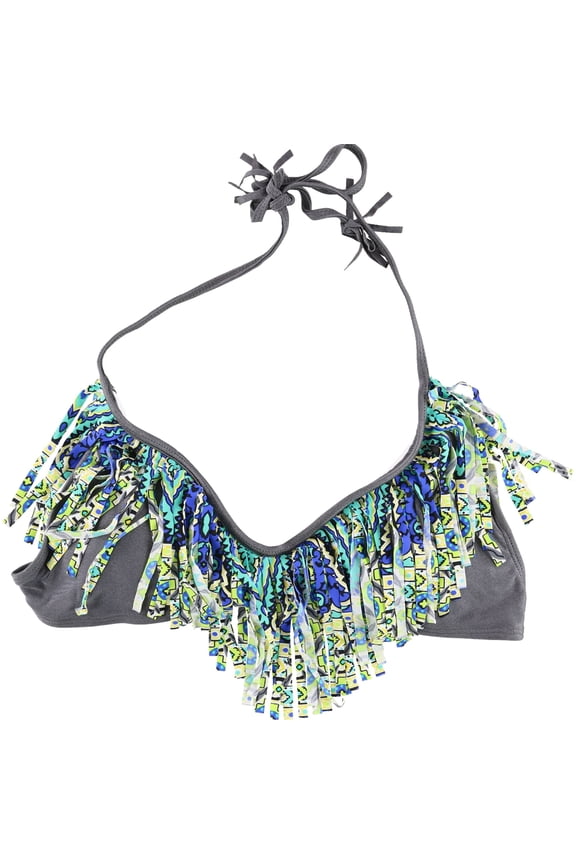 Womens Fringed Bikini Swim Top, Grey, Medium