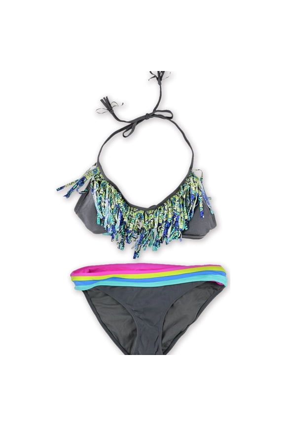 Womens Fringed Ruched Stripes 2 Piece Bikini, Grey, Large