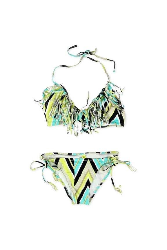 Womens Kara Fringe Side Tie 2 Piece Bikini, Green, Small