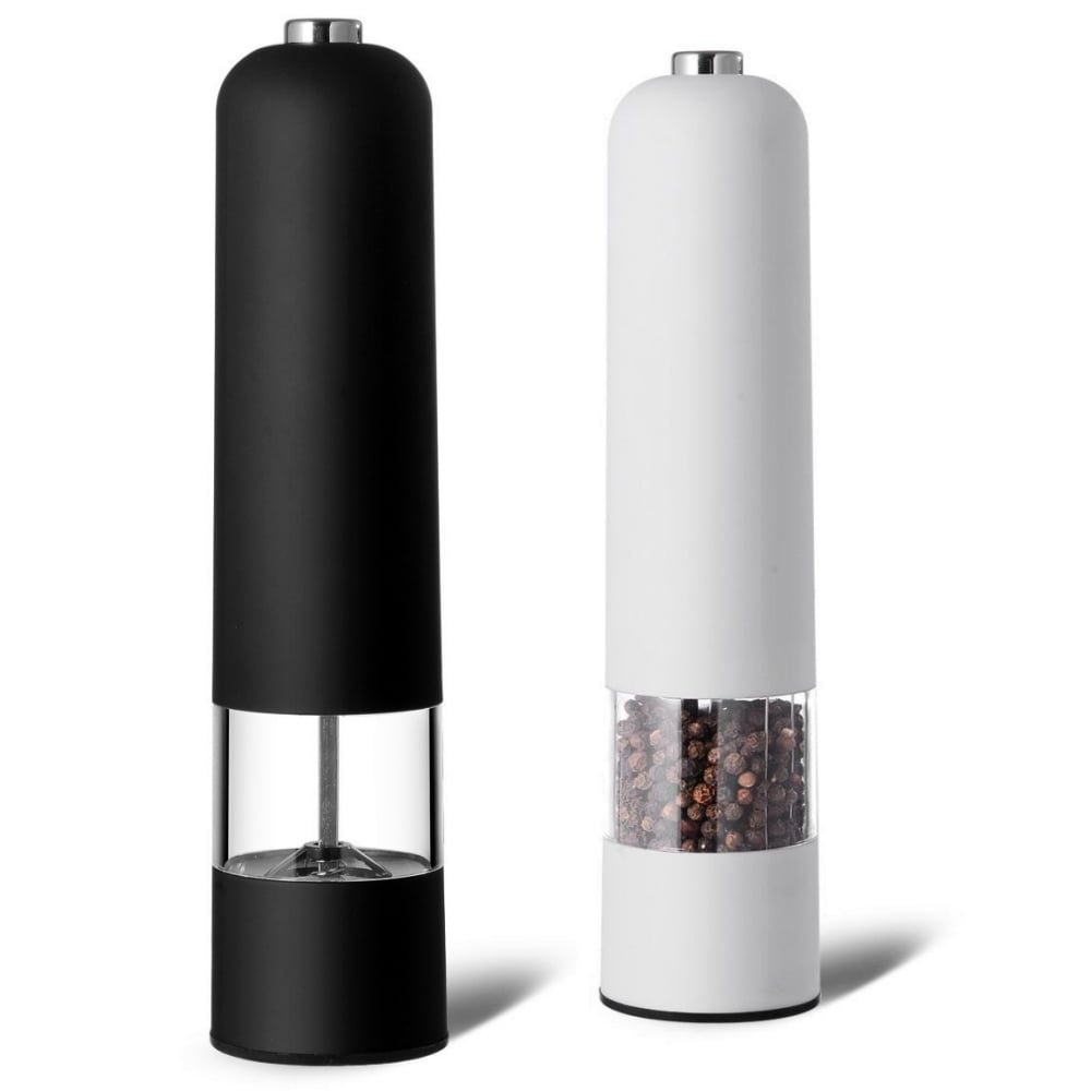 Raistyw Electric Salt and Pepper Grinder Set, Automatic Pepper Mill, Battery-Operated with Adjustable Coarseness, Black and White, 2 Pack