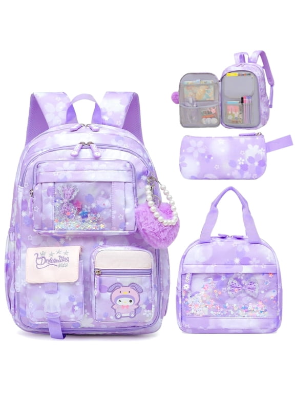 Girls Backpack Set 3PCS, Kids Rainbow School Backpack with Lunch Bag and Pencil Case, Lightweight Elementary Bookbag with Multi Pockets, Cute School Bag for Girls