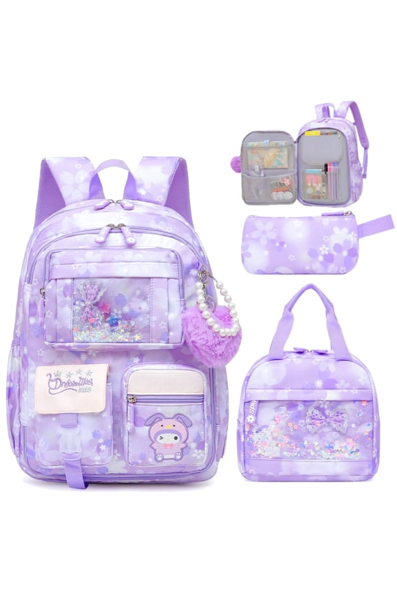 Girls Backpack Set 3PCS, Kids Rainbow School Backpack with Lunch Bag and Pencil Case, Lightweight Elementary Bookbag with Multi Pockets, Cute School Bag for Girls