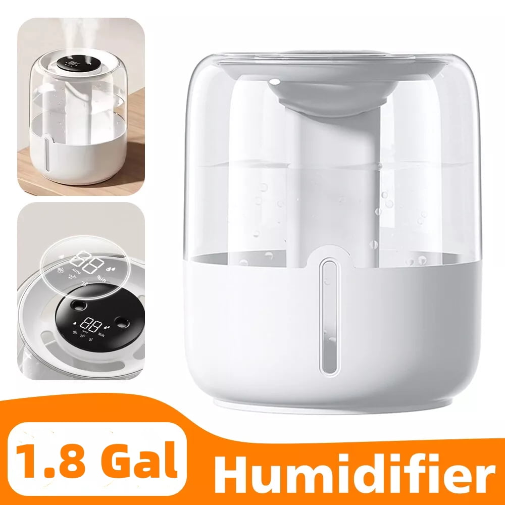 Raistyw Humidifiers for Bedroom, 6.8 L Cool Mist Top-Fill Humidifier for Large Room, Plants, Baby Nursery, Indoor, 20H Runtime, Quiet 36dB, Controllable Lighting, White