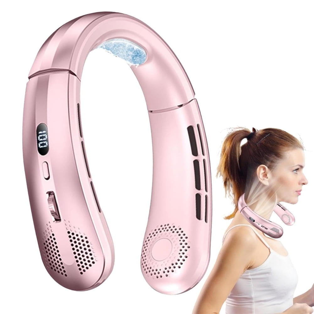 Raistyw Portable Neck Fan, 5000mAh USB Rechargeable Hands-Free Bladeless Fan, 360 Cooling, Ultra Quiet, 1-100 Speeds Adjustable Wearable Cooler for Indoor/Outdoor, Pink