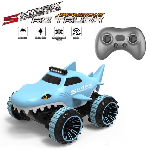 Raistyw Remote Control Shark Toys, 2.4GHz Amphibious RC Car Christmas Birthday Gifts with LED Lights for Kids Age 6+, Blue