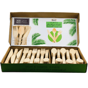 Raj Disposable Wooden Cutlery - Strong like Bamboo Party [300-Pack] 120 spoons, 120 forks, 60 knife -Decorative Compostable Tableware for Lunch, Dinner, Birthday, Camping, Outdoor BBQ, Picnic Parties