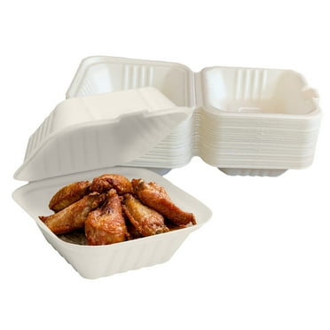 Raj Eco Bagasse 6" x 6" Clamshell Takeout Containers- 50 Pack- Compostable and Disposable Heavy Duty containers for parties, Restaurants, Food Trucks, and leftovers - Alternative to Plastic & Paper
